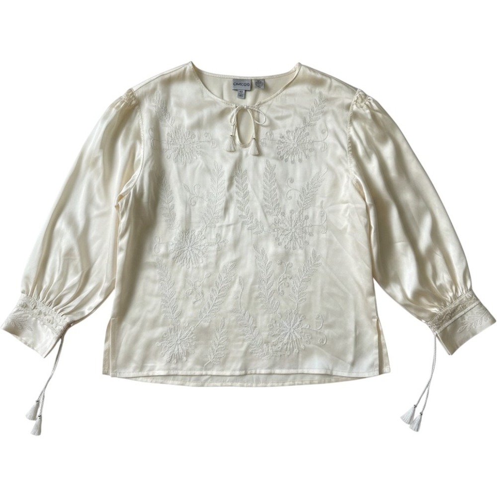 Chicos Women Cream 100% Silk Embroidered Tassel Keyhole Blouse Size 1 Medium